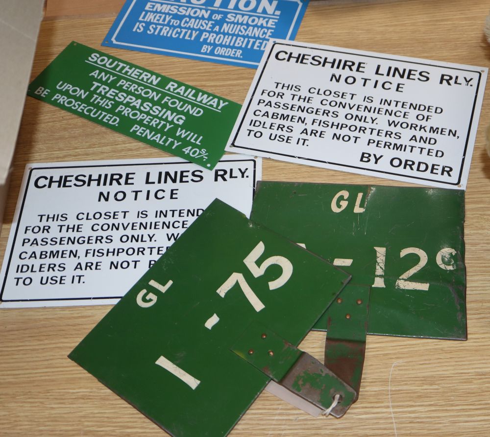 Railwayana: Two enamelled markers and four reproduction signs